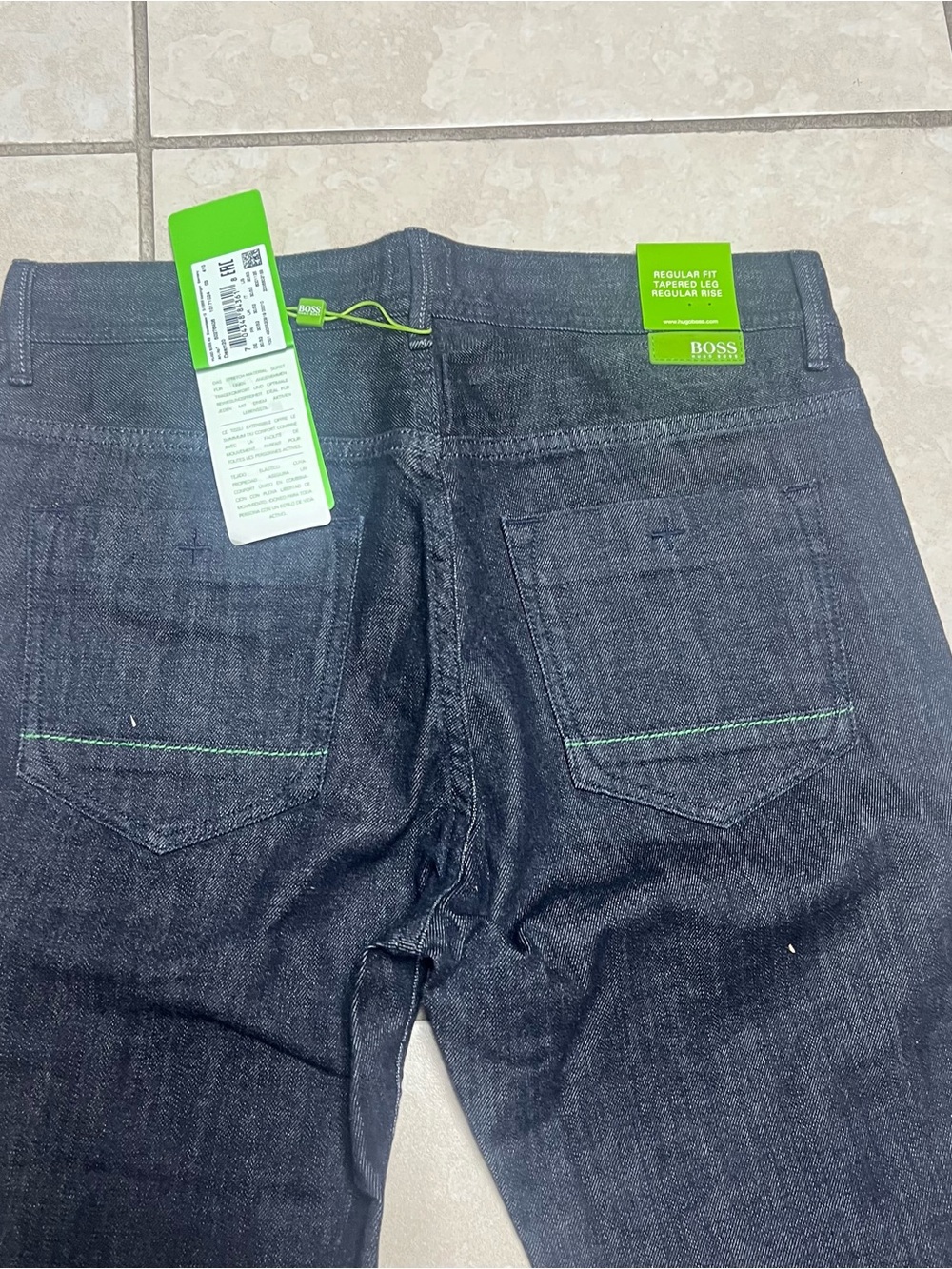 Boss Men's Dark Indigo Straight Jeans with Green Stitching Detail